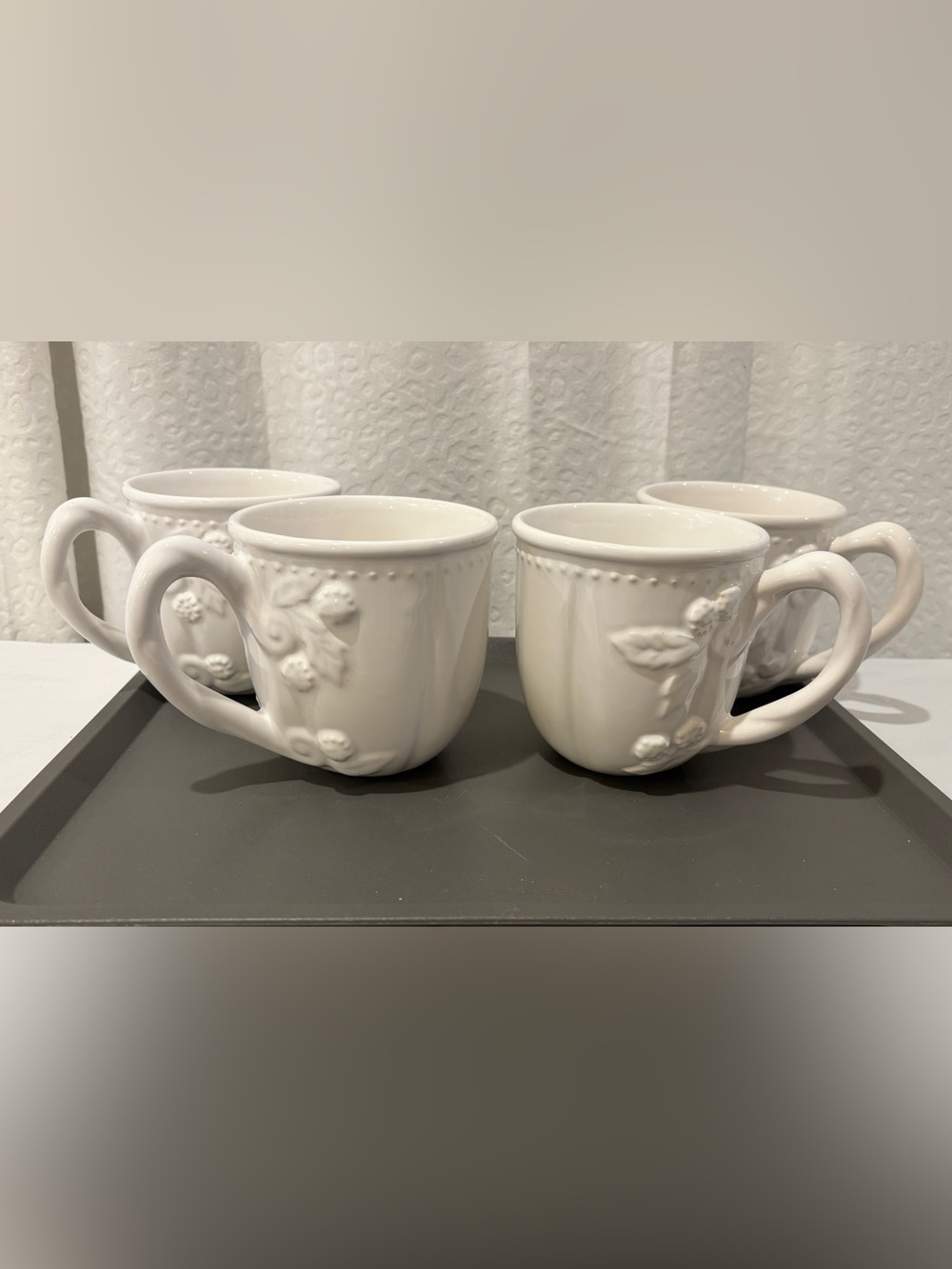 Set of 4 Macy's Ivory Embossed Ceramic Coffee Mugs